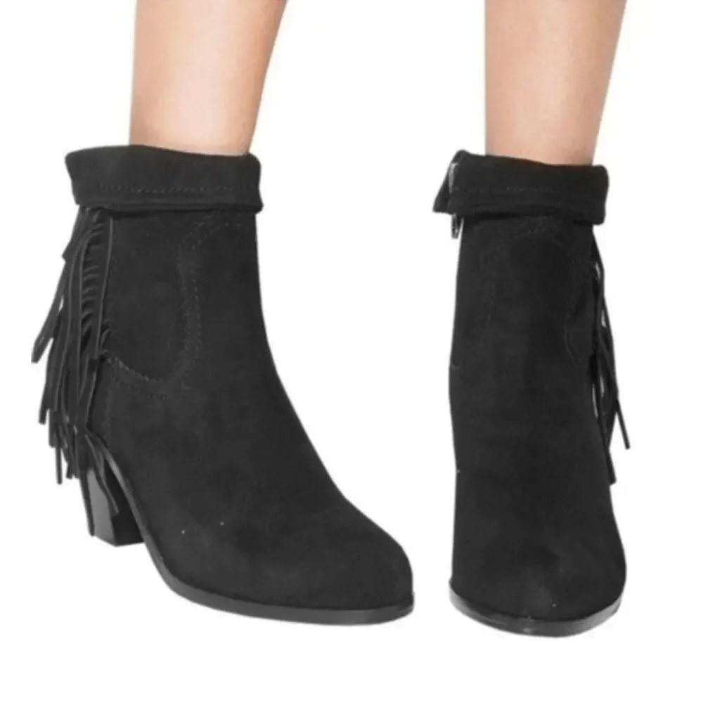 Sam Edelman Louie 7.5 M Booties Black‎ Suede Fringe Western Ankle Boots Cowgirl